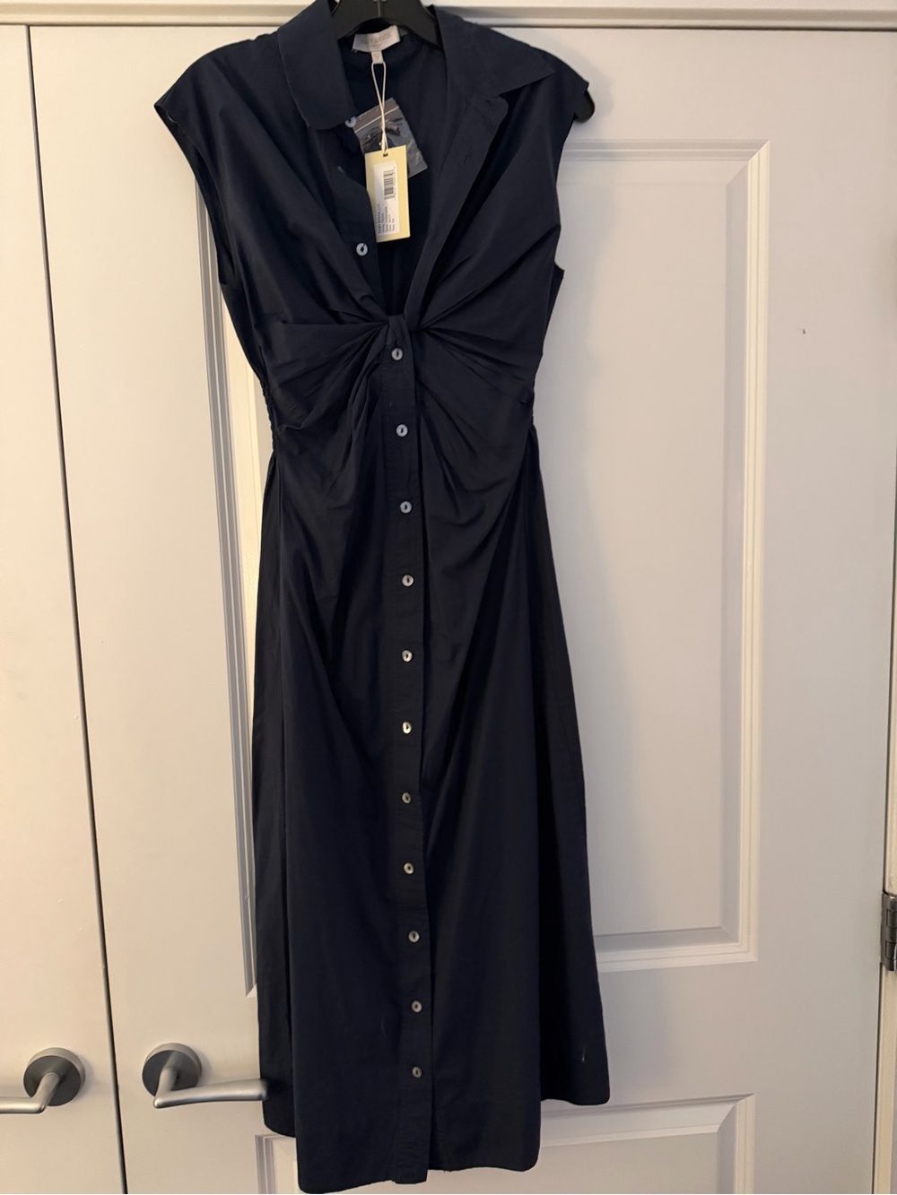 Ramy Brook Navy Button-Front Knot-Waist Midi Dress